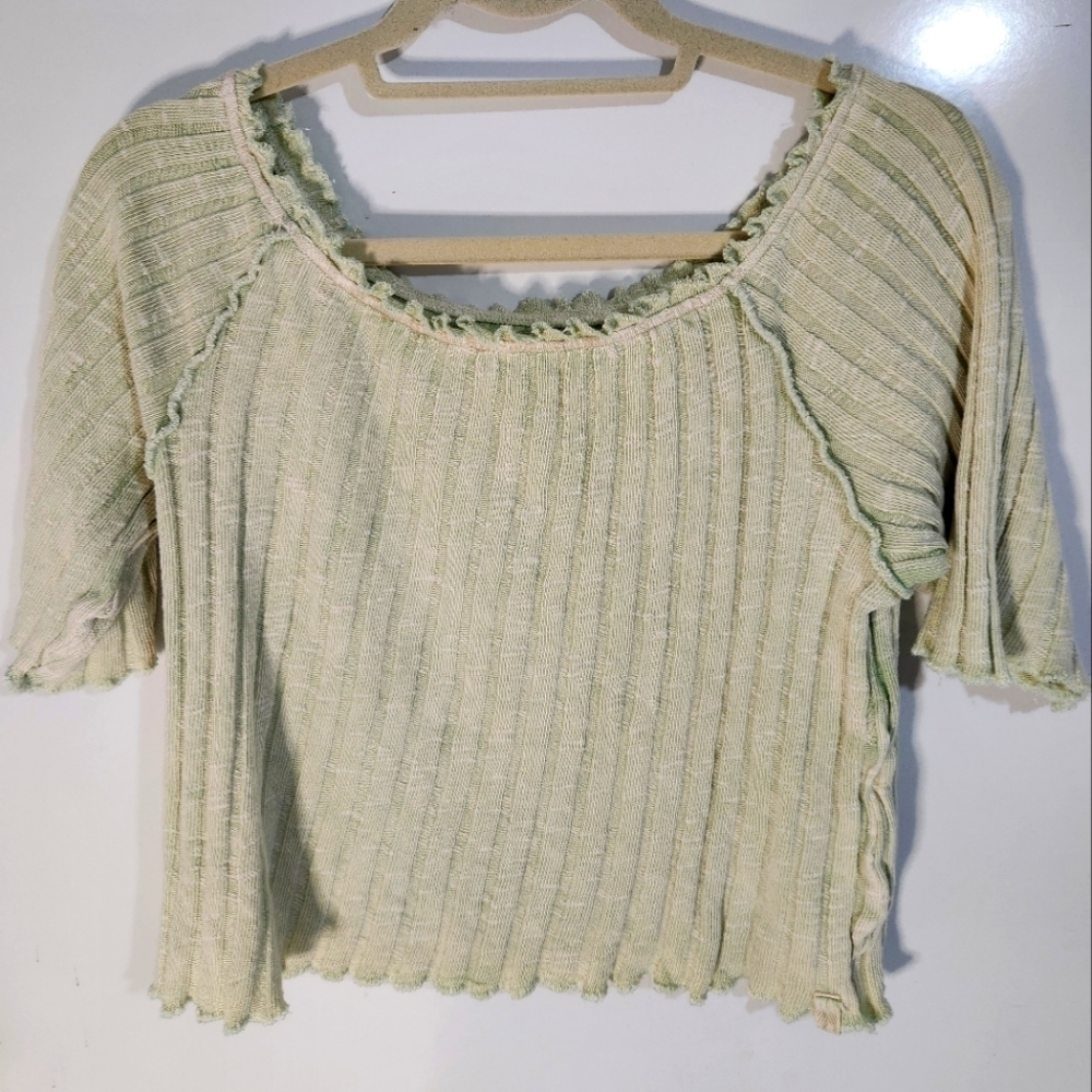 We The Free Green Ribbed Ruffled Crop Blouse, Size XL, NWT